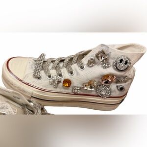 White Embellished High-Top Sneakers with Crystal Accents